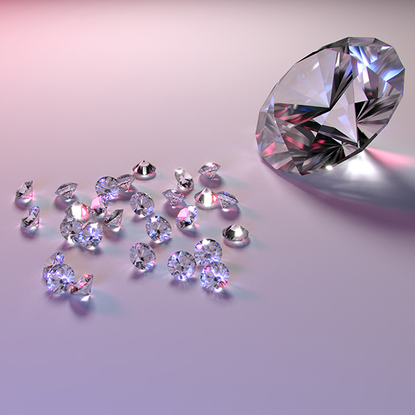 3d render of one large photorealistic diamond crystal with caustic effects and small scattered diamonds on a light background